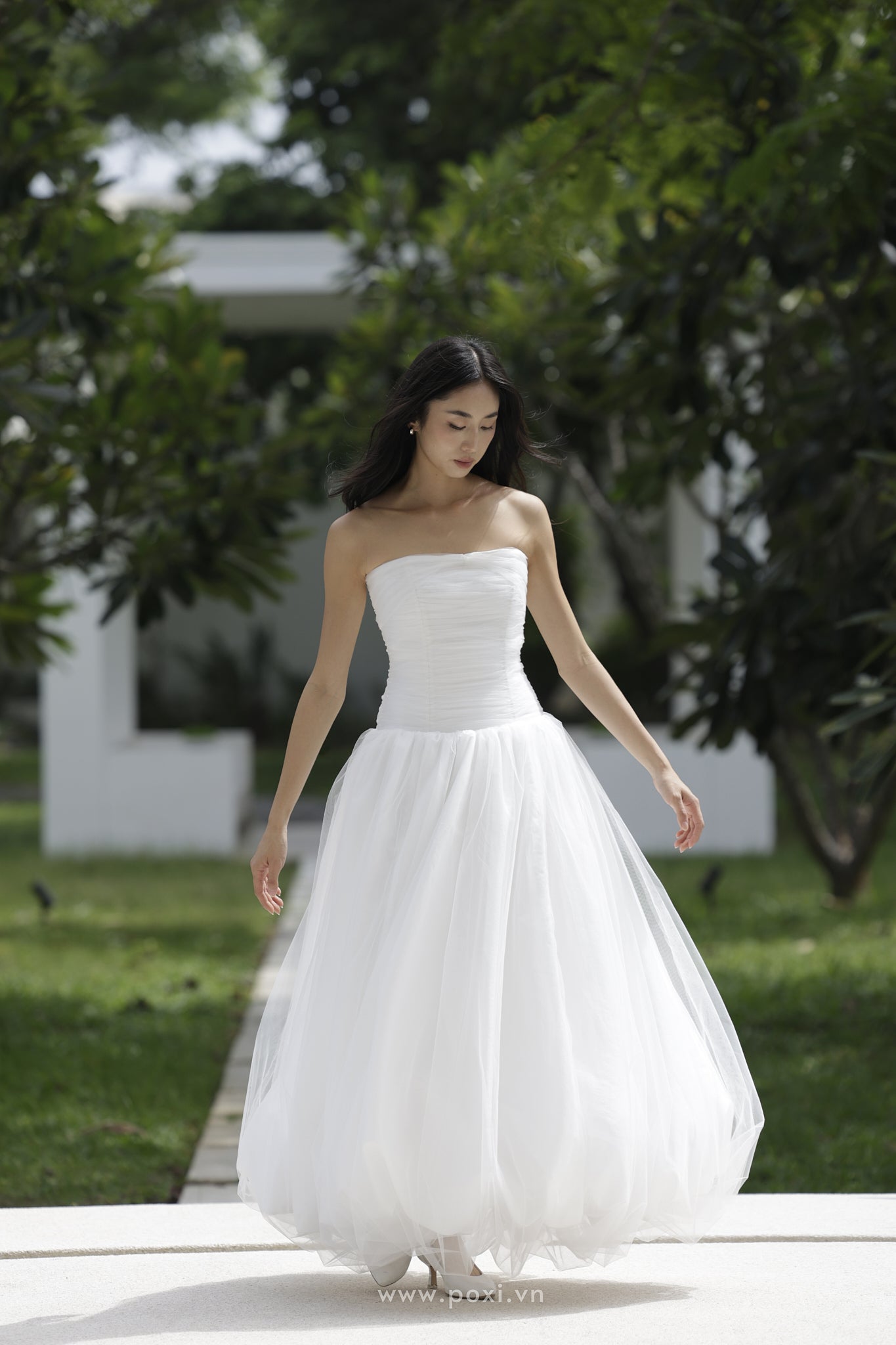 Đầm cúp ngực phối lưới xếp nhún thân trên - D2020