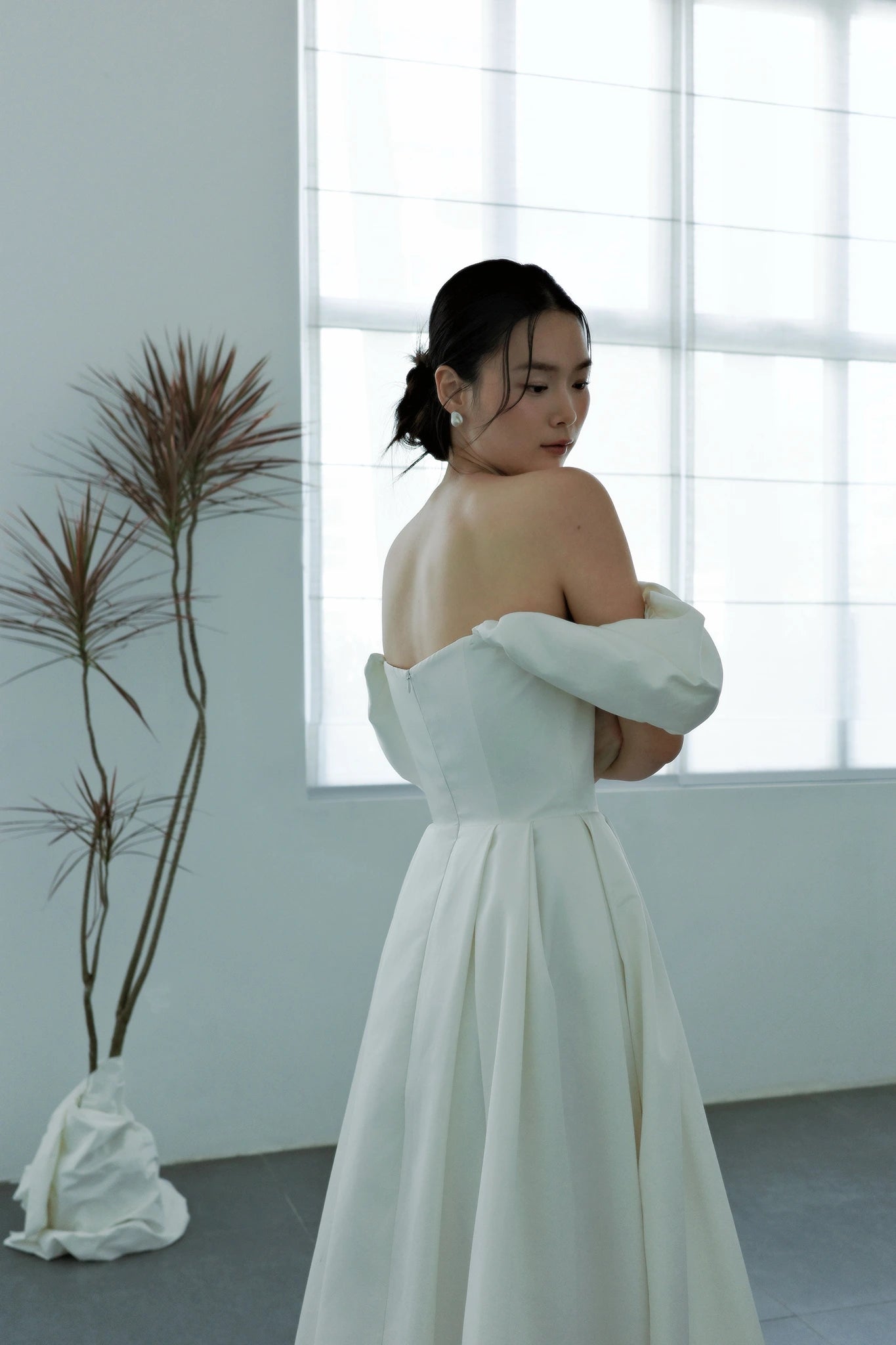 Đầm xòe trễ vai phối bèo tay xếp nhún phồng - D2022