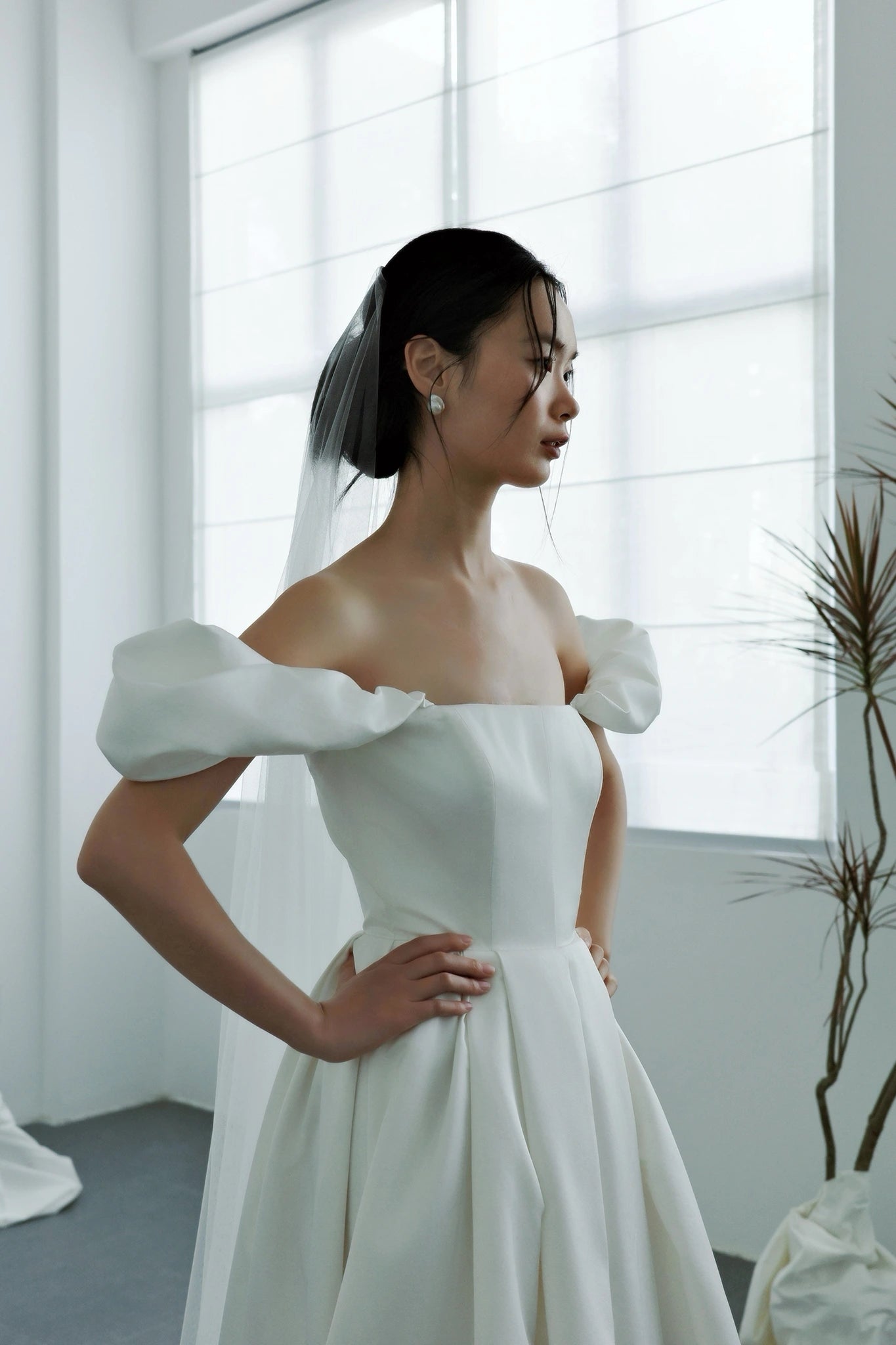 Đầm xòe trễ vai phối bèo tay xếp nhún phồng - D2022