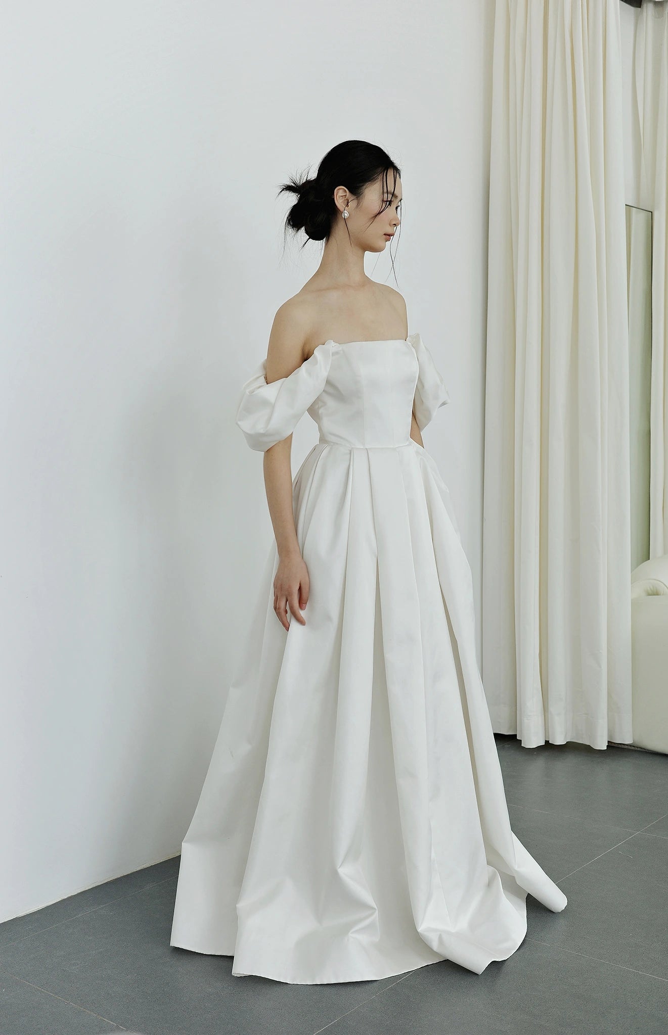 Đầm xòe trễ vai phối bèo tay xếp nhún phồng - D2022